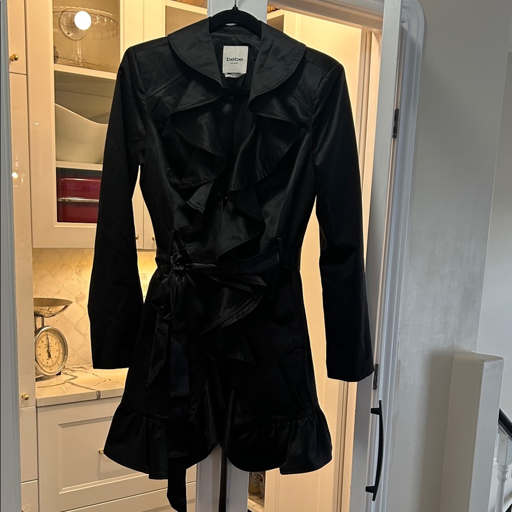 Bebe Black Silky Ruffled Belted Coat